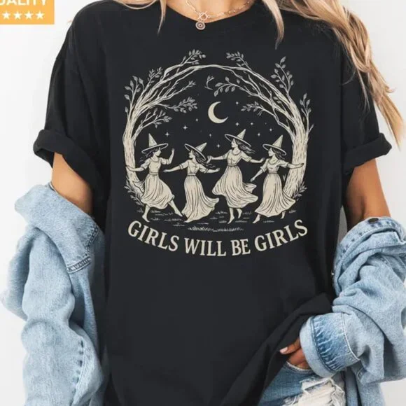 Girls Will Be Girls Witch Shirt, Funny Witch Halloween Shirt, Retro Halloween - Picture 1 of 4